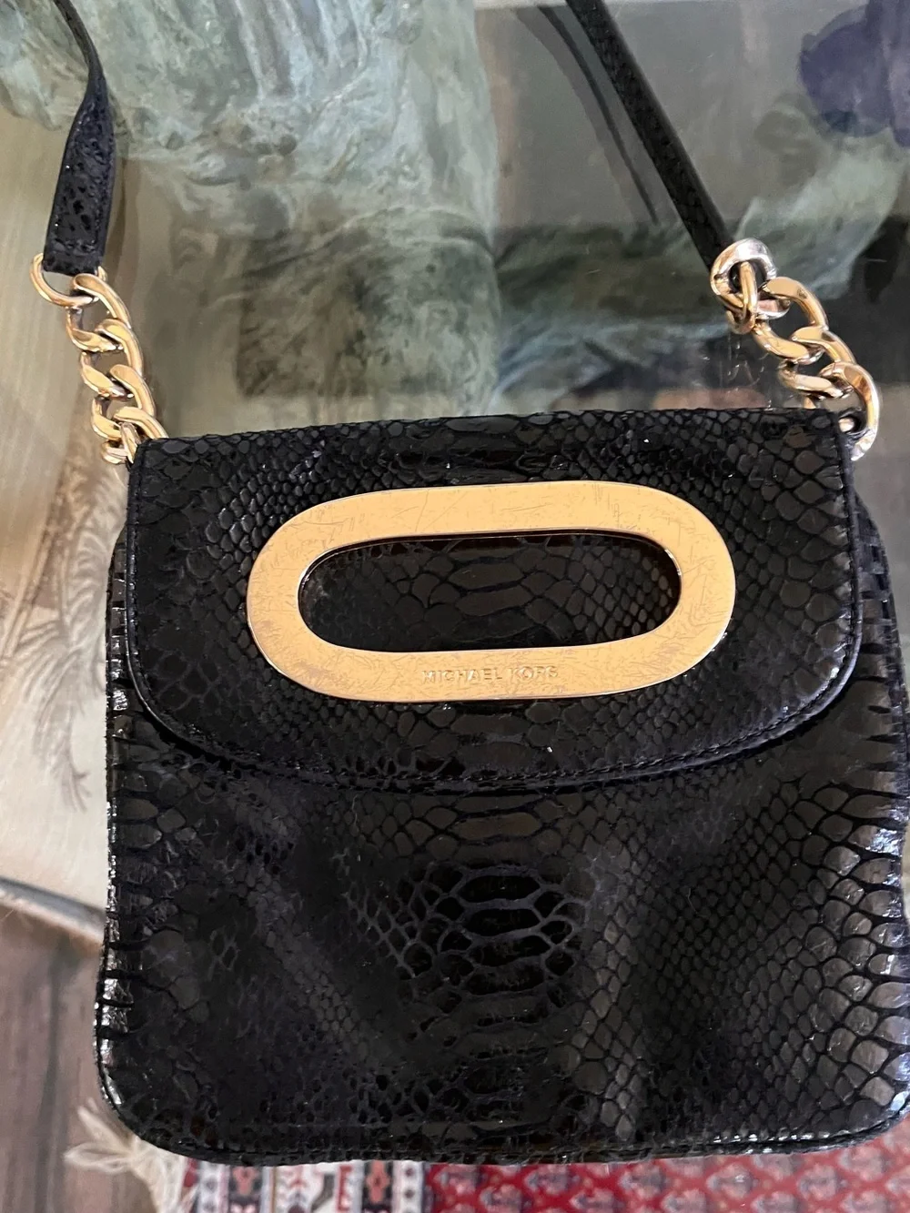 Michael Kors Berkley Black Faux-Snake Crossbody Bag with Gold Accent